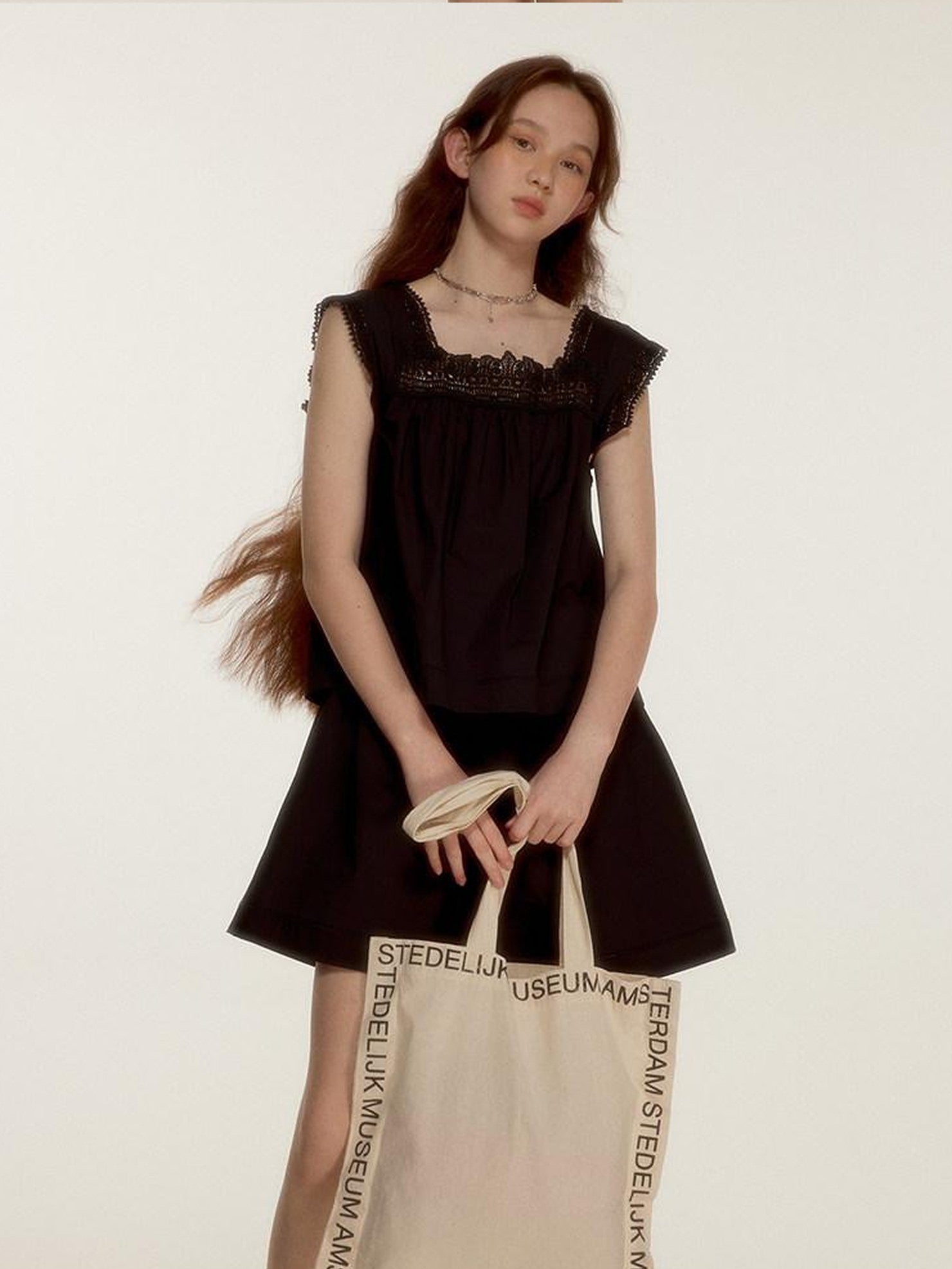 FUSSED Midnight Black Lace Cutout Splice Faux Two Piece Women&