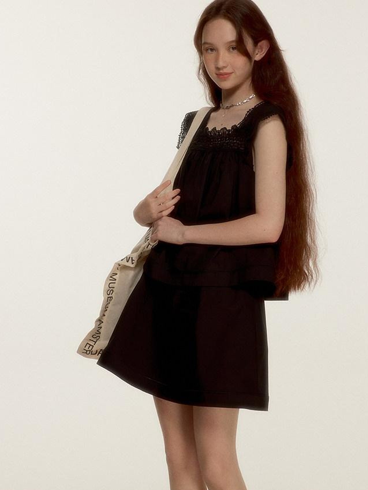 FUSSED Midnight Black Lace Cutout Splice Faux Two Piece Women&