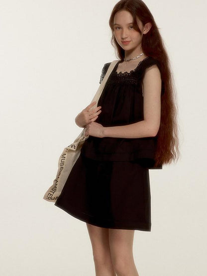 FUSSED Midnight Black Lace Cutout Splice Faux Two Piece Women&