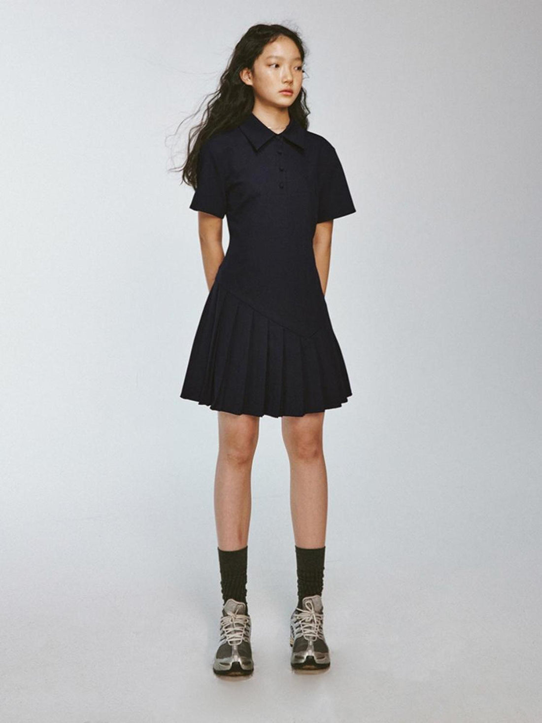 FUSSED Midnight Blue Asymmetrical Pleated Quilted Polo Dress