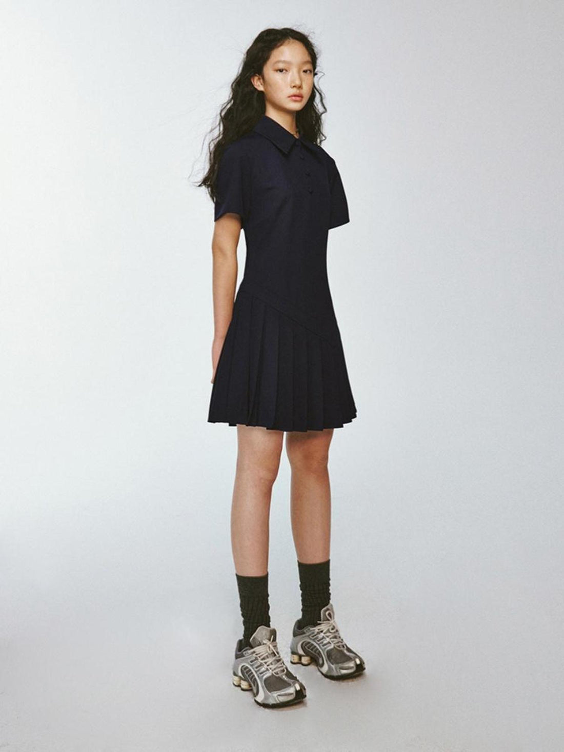 FUSSED Midnight Blue Asymmetrical Pleated Quilted Polo Dress