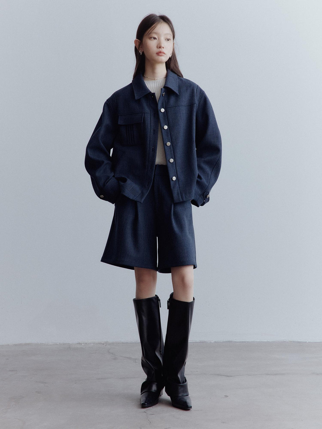 FUSSED Midnight Blue Deconstructed Wool Blend Jacket With Asymmetrical Pockets