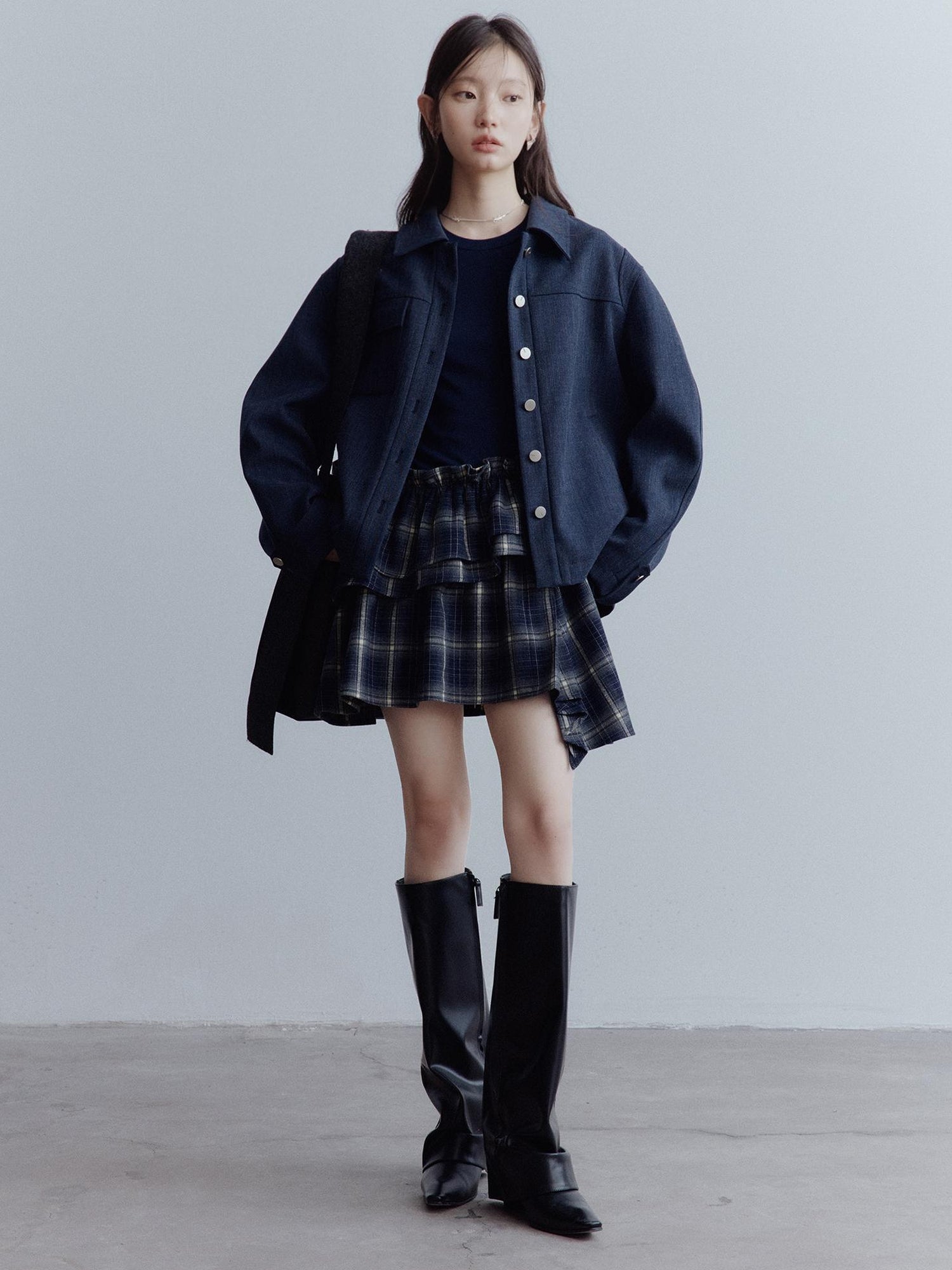 FUSSED Midnight Blue Deconstructed Wool Blend Jacket With Asymmetrical Pockets