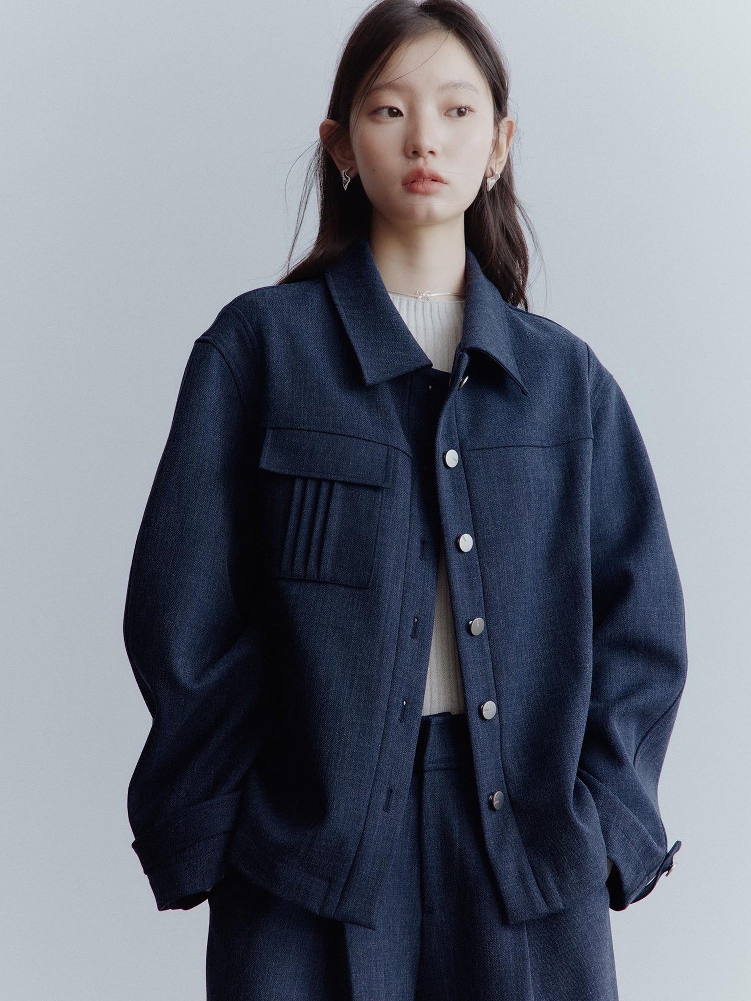 FUSSED Midnight Blue Deconstructed Wool Blend Jacket With Asymmetrical Pockets