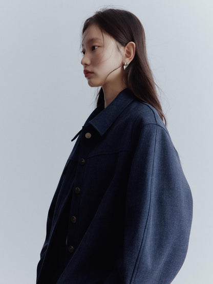 FUSSED Midnight Blue Deconstructed Wool Blend Jacket With Asymmetrical Pockets