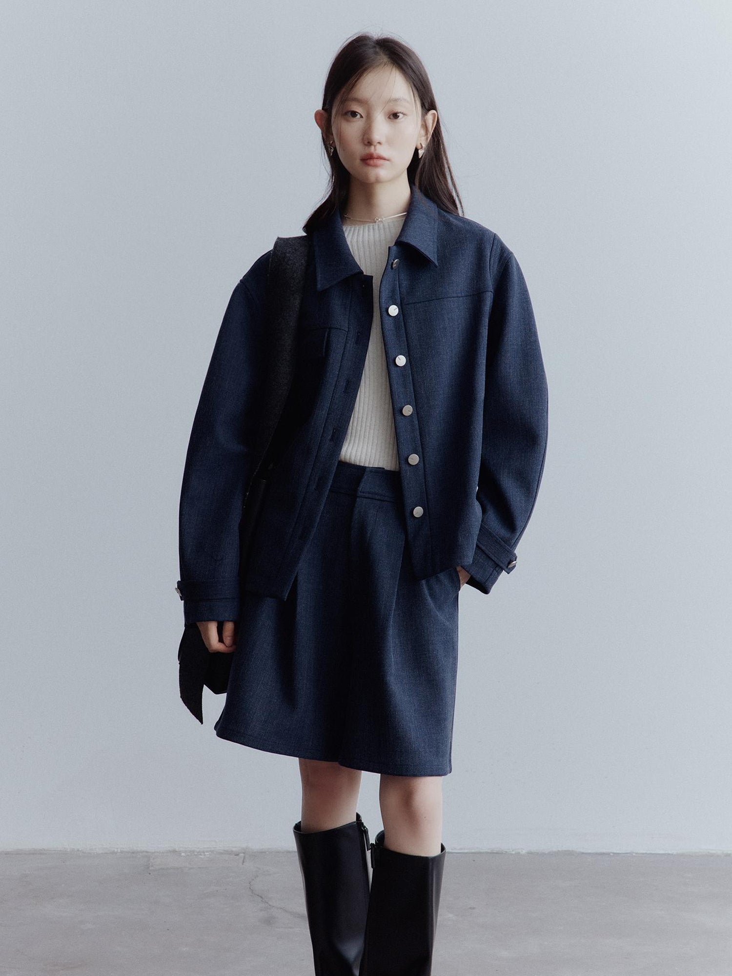 FUSSED Midnight Blue Deconstructed Wool Blend Jacket With Asymmetrical Pockets