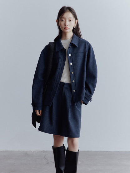 FUSSED Midnight Blue Deconstructed Wool Blend Jacket With Asymmetrical Pockets