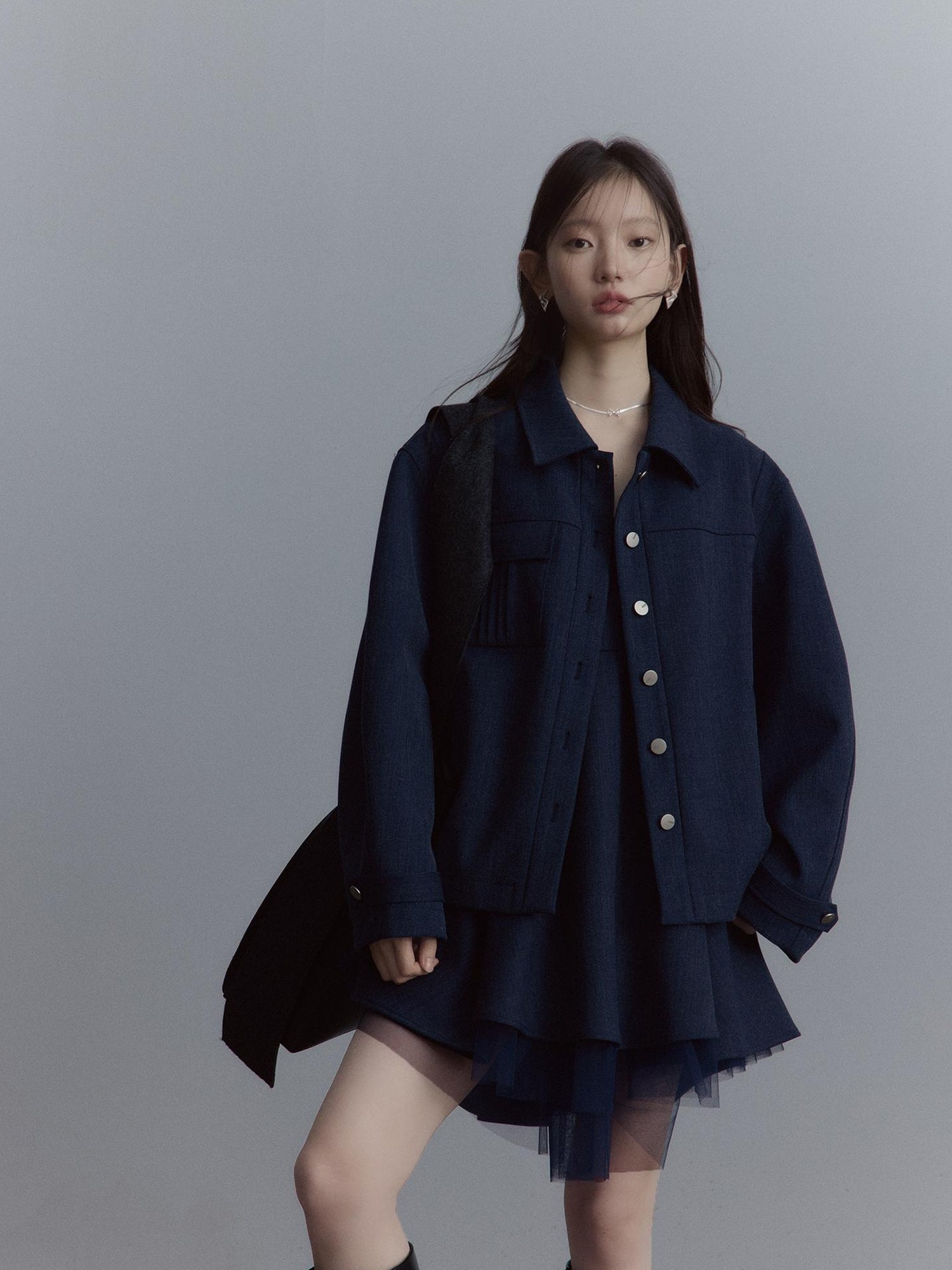 FUSSED Midnight Blue Deconstructed Wool Blend Jacket With Asymmetrical Pockets
