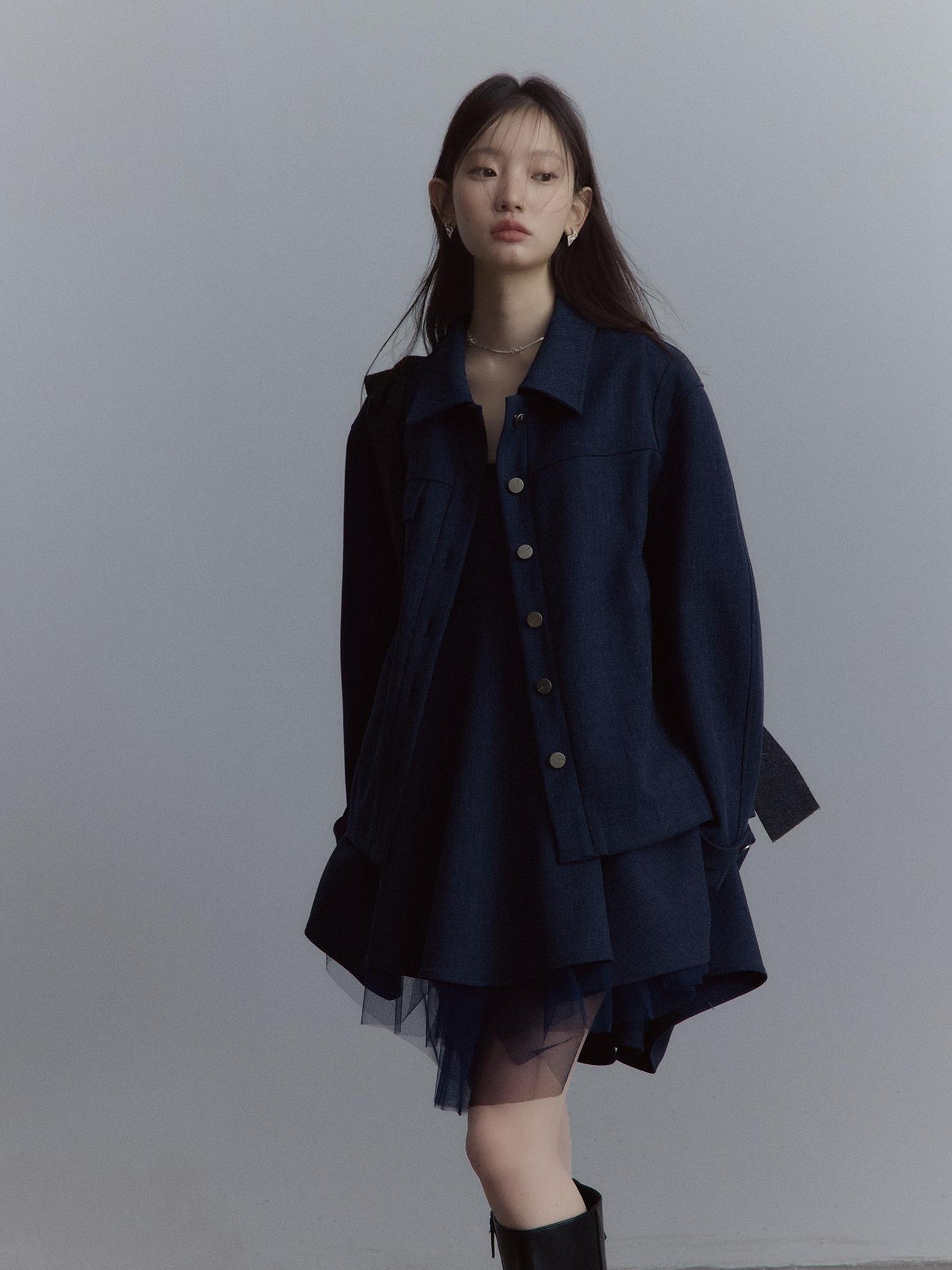 FUSSED Midnight Blue Deconstructed Wool Blend Jacket With Asymmetrical Pockets