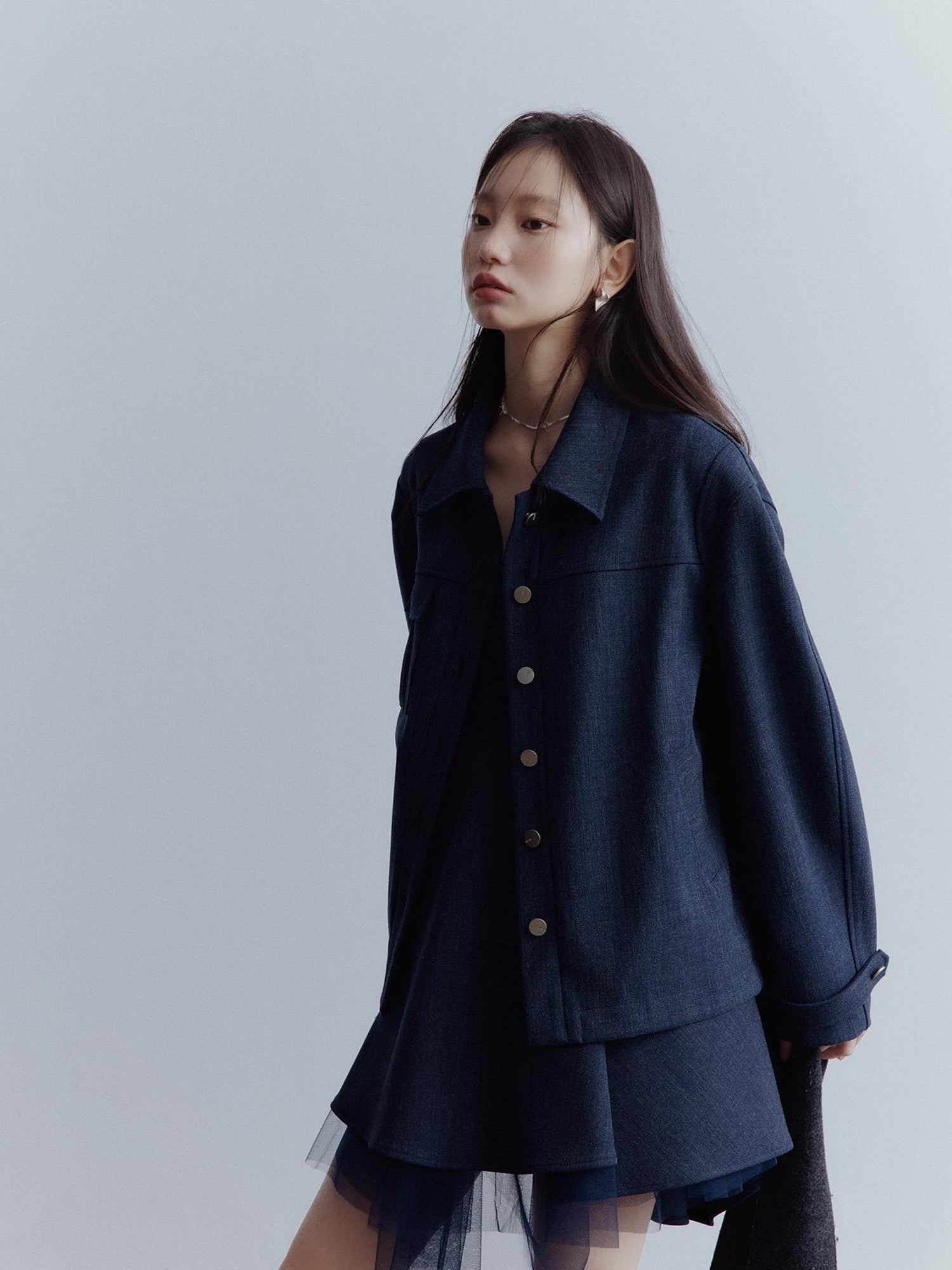 FUSSED Midnight Blue Deconstructed Wool Blend Jacket With Asymmetrical Pockets