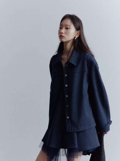 FUSSED Midnight Blue Deconstructed Wool Blend Jacket With Asymmetrical Pockets