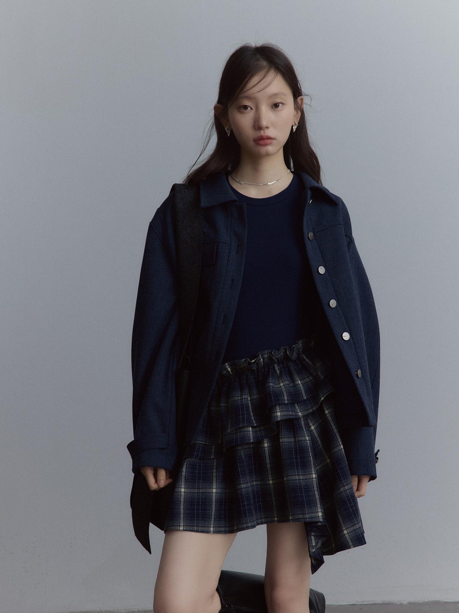 FUSSED Midnight Blue Deconstructed Wool Blend Jacket With Asymmetrical Pockets