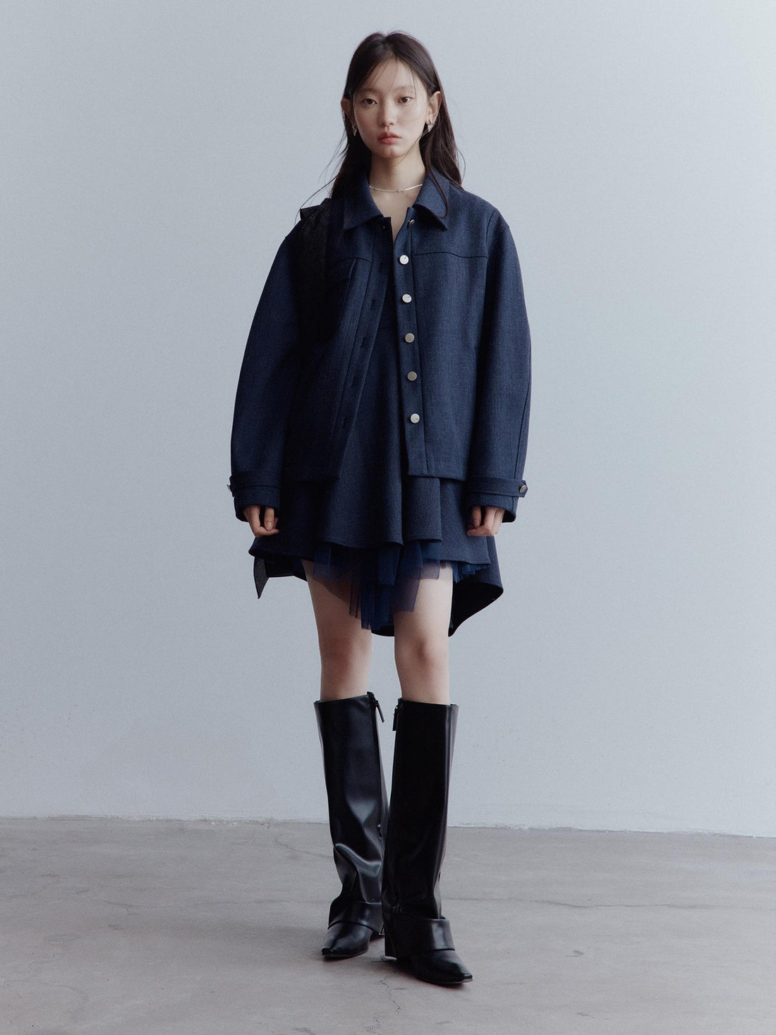 FUSSED Midnight Blue Deconstructed Wool Blend Jacket With Asymmetrical Pockets