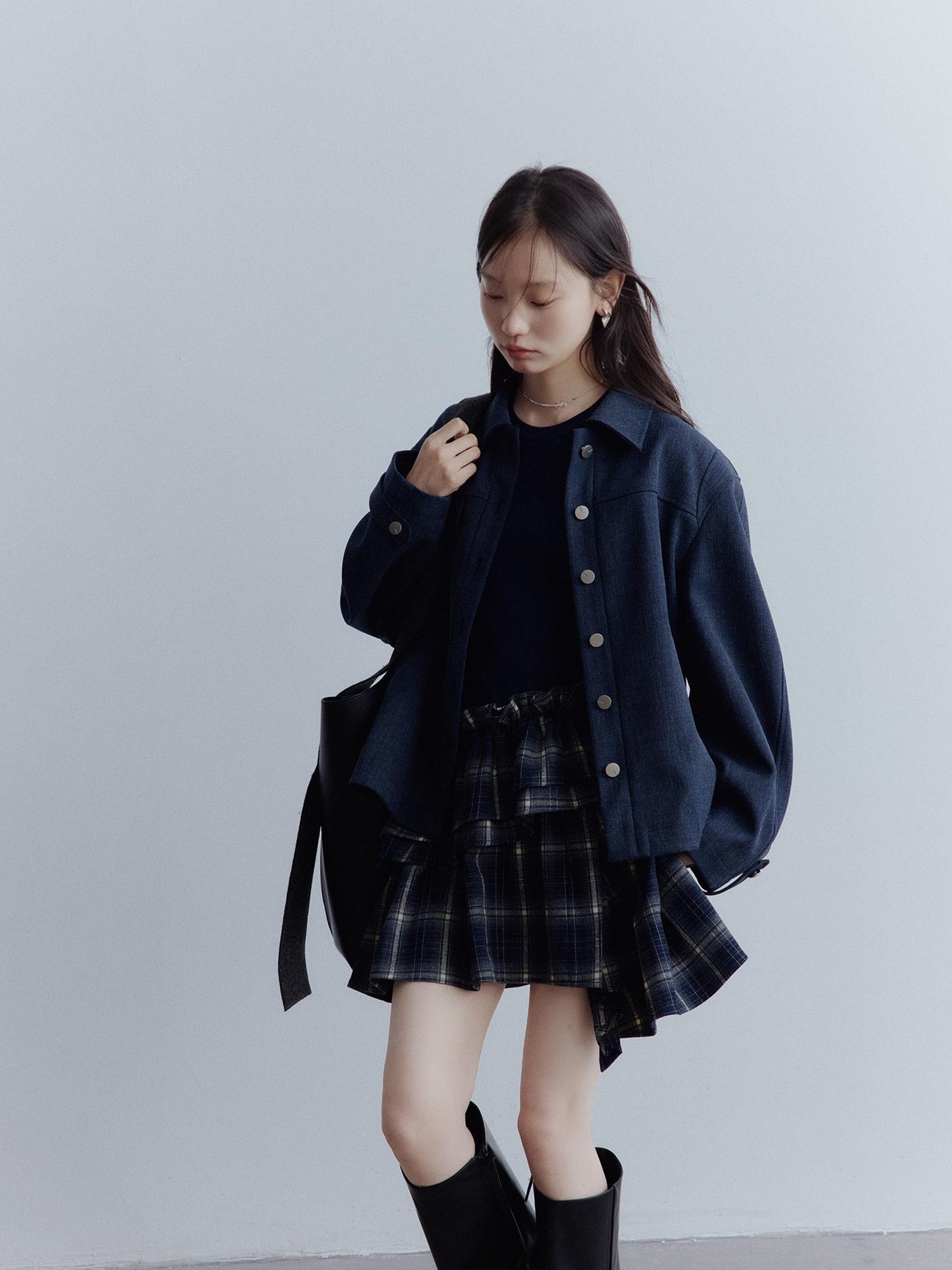 FUSSED Midnight Blue Deconstructed Wool Blend Jacket With Asymmetrical Pockets
