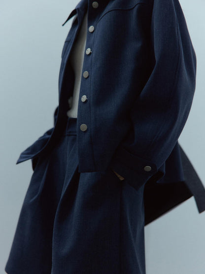 FUSSED Midnight Blue Deconstructed Wool Blend Jacket With Asymmetrical Pockets