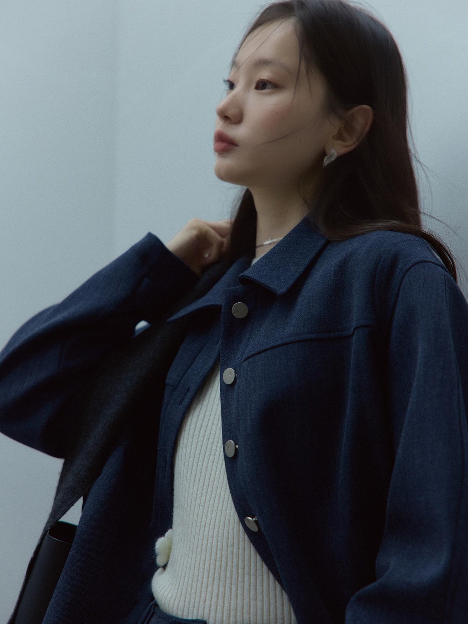FUSSED Midnight Blue Deconstructed Wool Blend Jacket With Asymmetrical Pockets