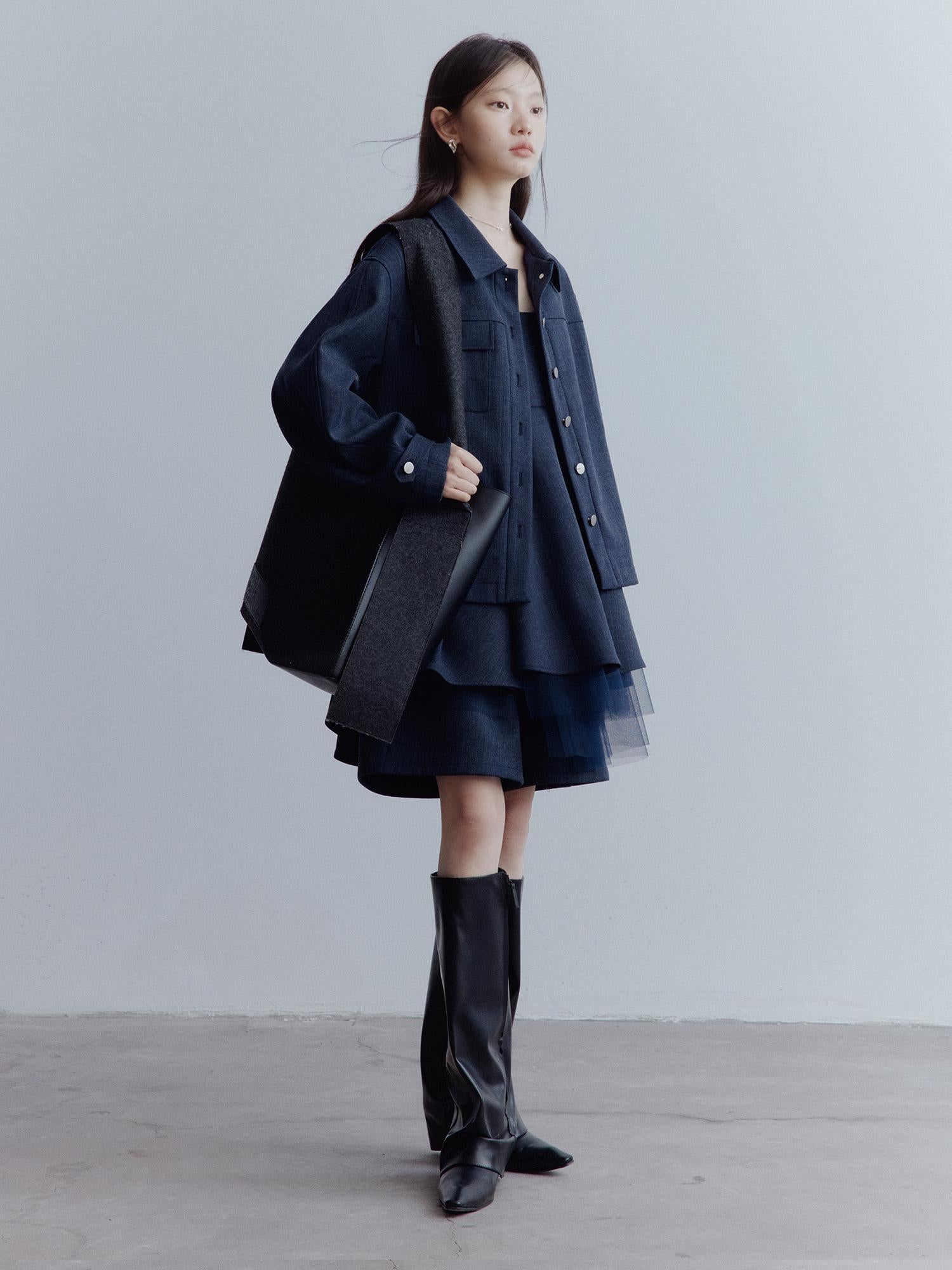 FUSSED Midnight Blue Deconstructed Wool Blend Jacket With Asymmetrical Pockets