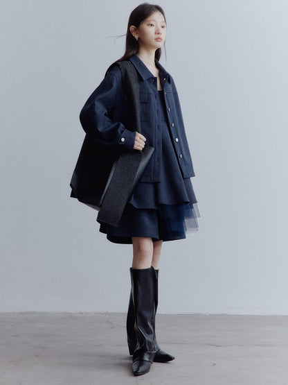 FUSSED Midnight Blue Deconstructed Wool Blend Jacket With Asymmetrical Pockets