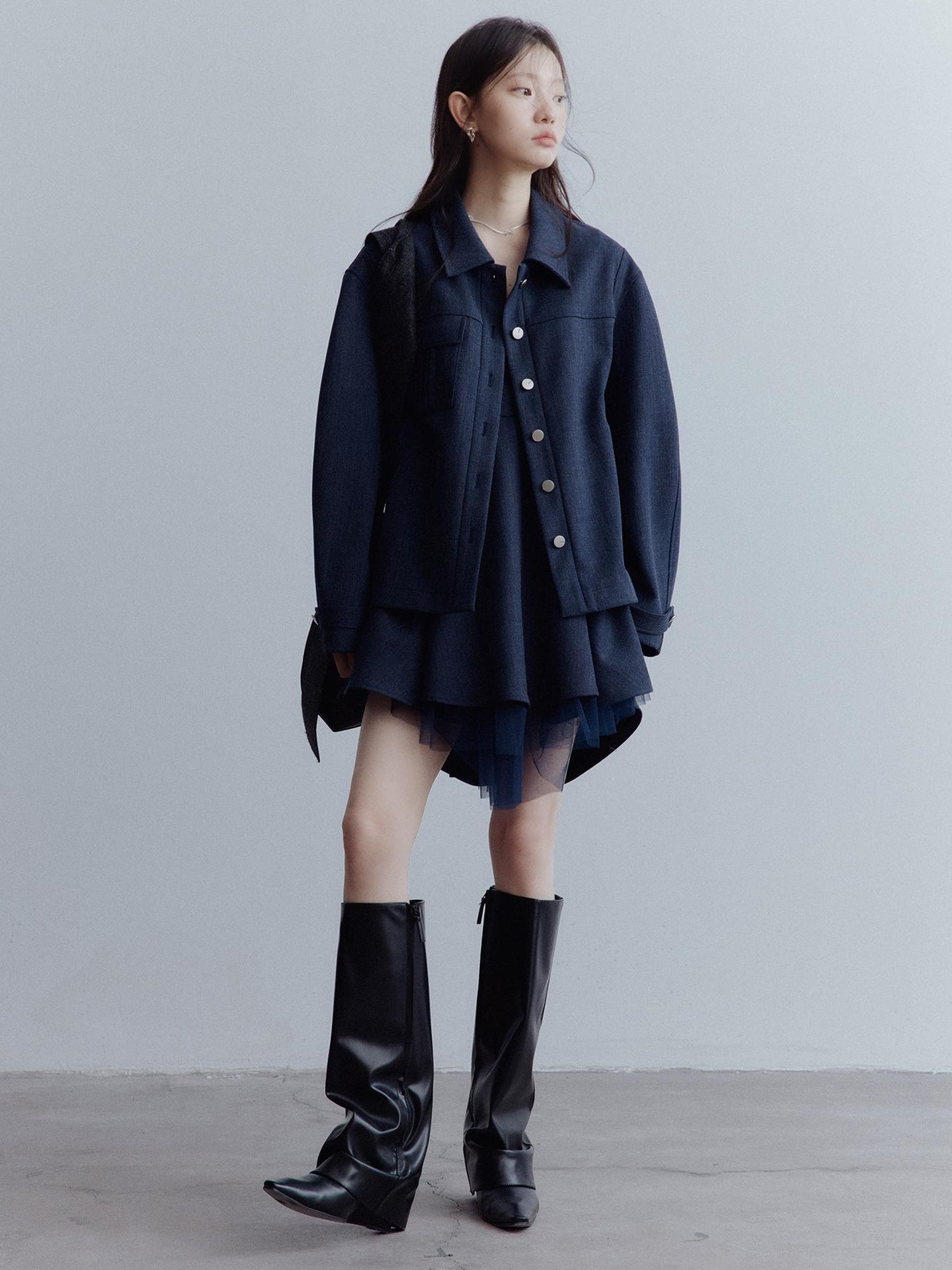 FUSSED Midnight Blue Deconstructed Wool Blend Jacket With Asymmetrical Pockets