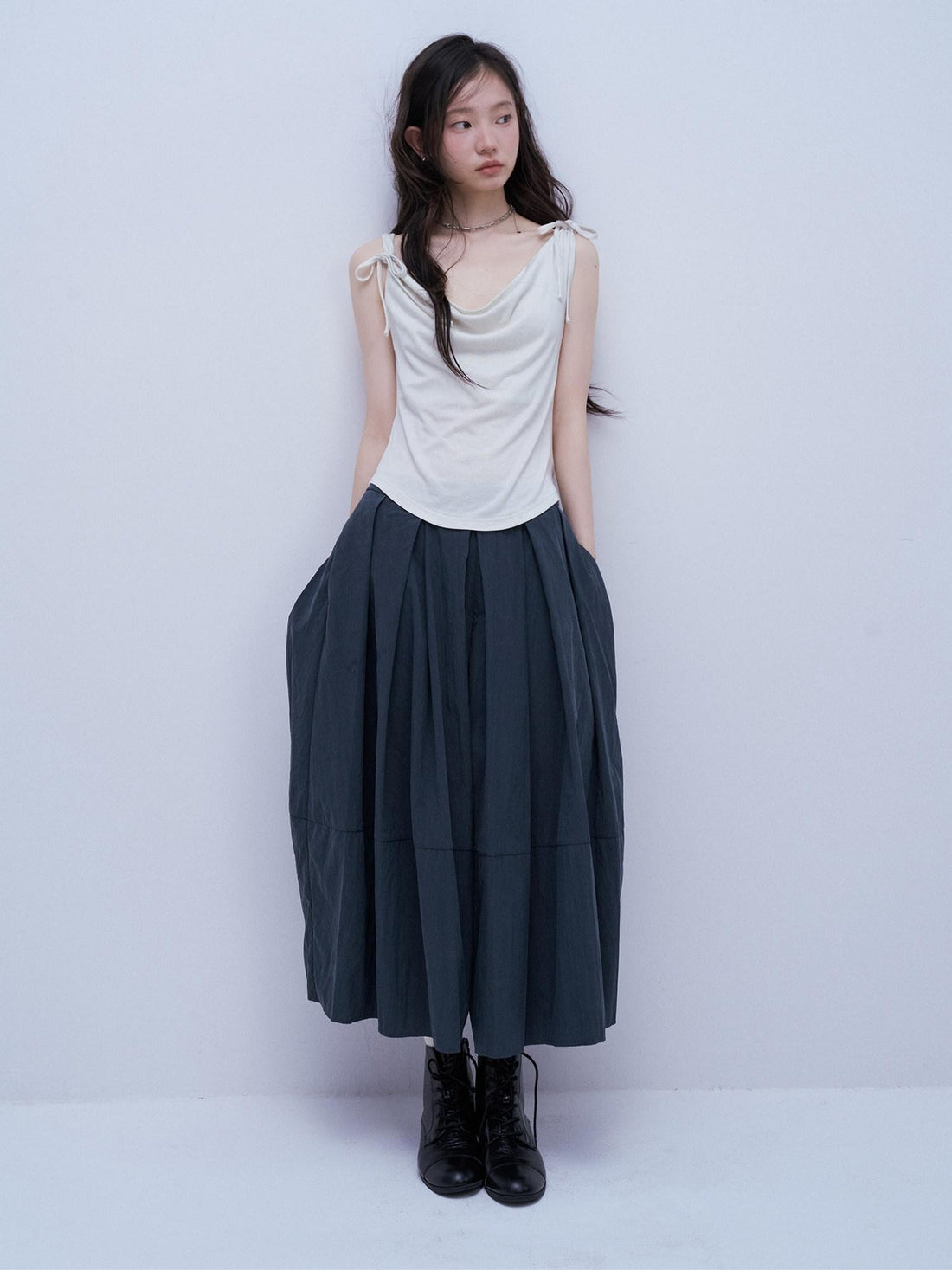 FUSSED Midnight Blue Layered Pleated Distressed Wide Leg Women&
