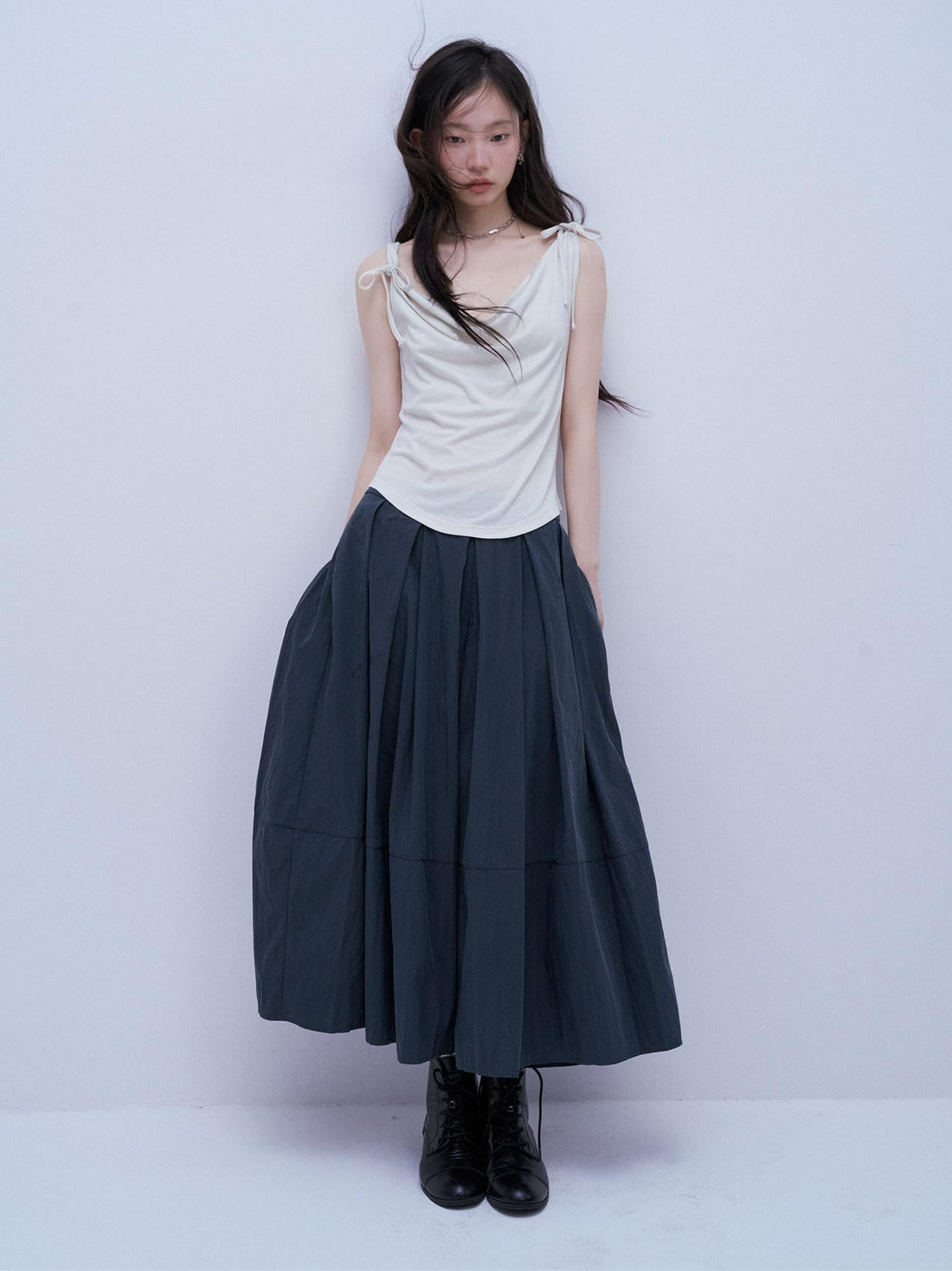 FUSSED Midnight Blue Layered Pleated Distressed Wide Leg Women&