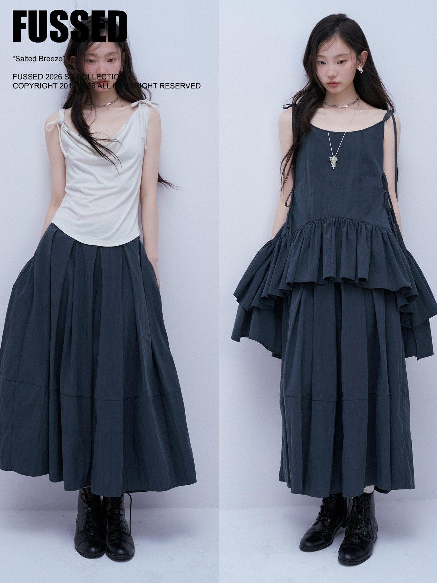 FUSSED Midnight Blue Layered Pleated Distressed Wide Leg Women&