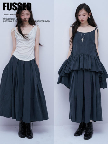 FUSSED Midnight Blue Layered Pleated Distressed Wide Leg Women&