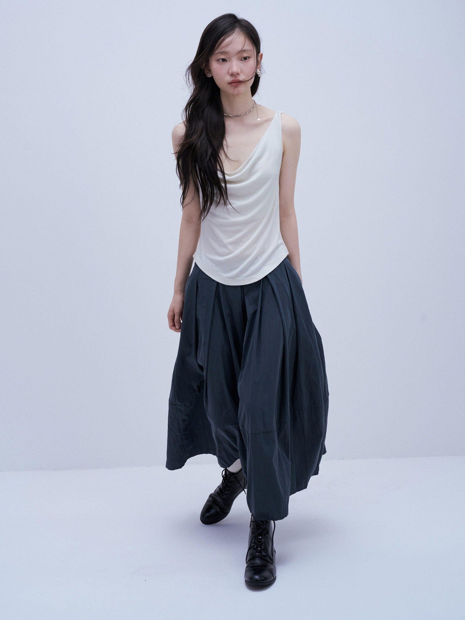 FUSSED Midnight Blue Layered Pleated Distressed Wide Leg Women&
