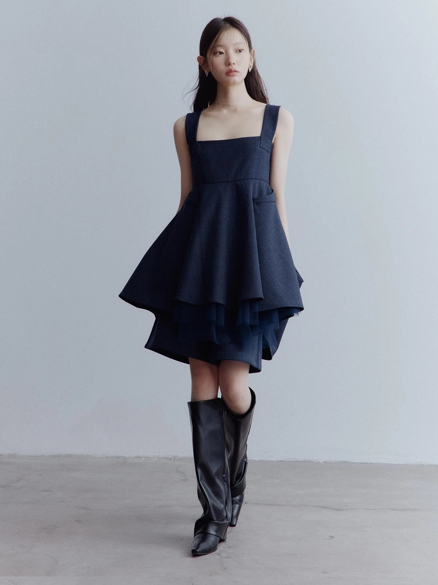 Midnight Blue Manta Ray Deconstructed Layered Tulle Babydoll Dress