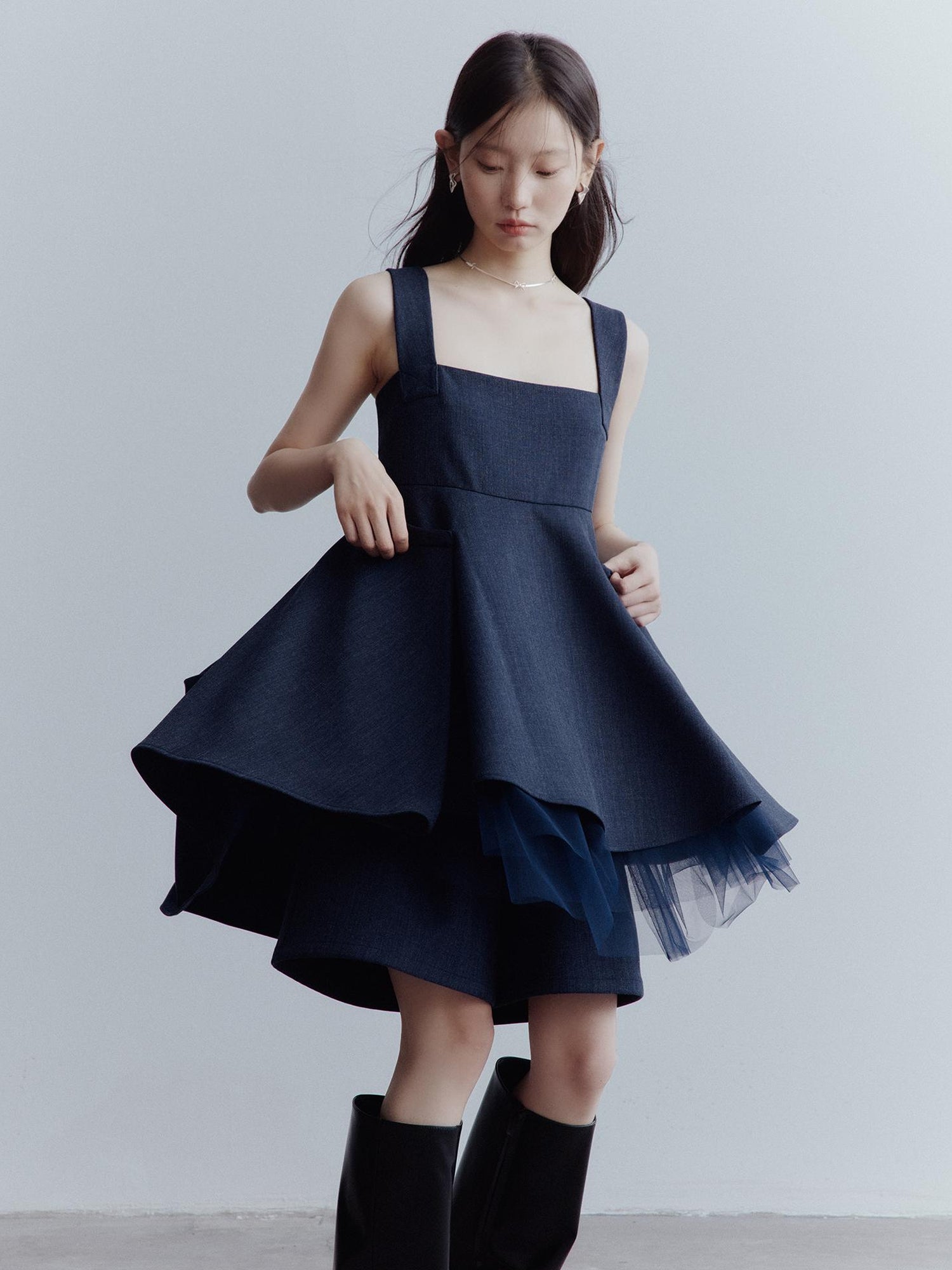 FUSSED Midnight Blue Manta Ray Deconstructed Layered Tulle Babydoll Dress