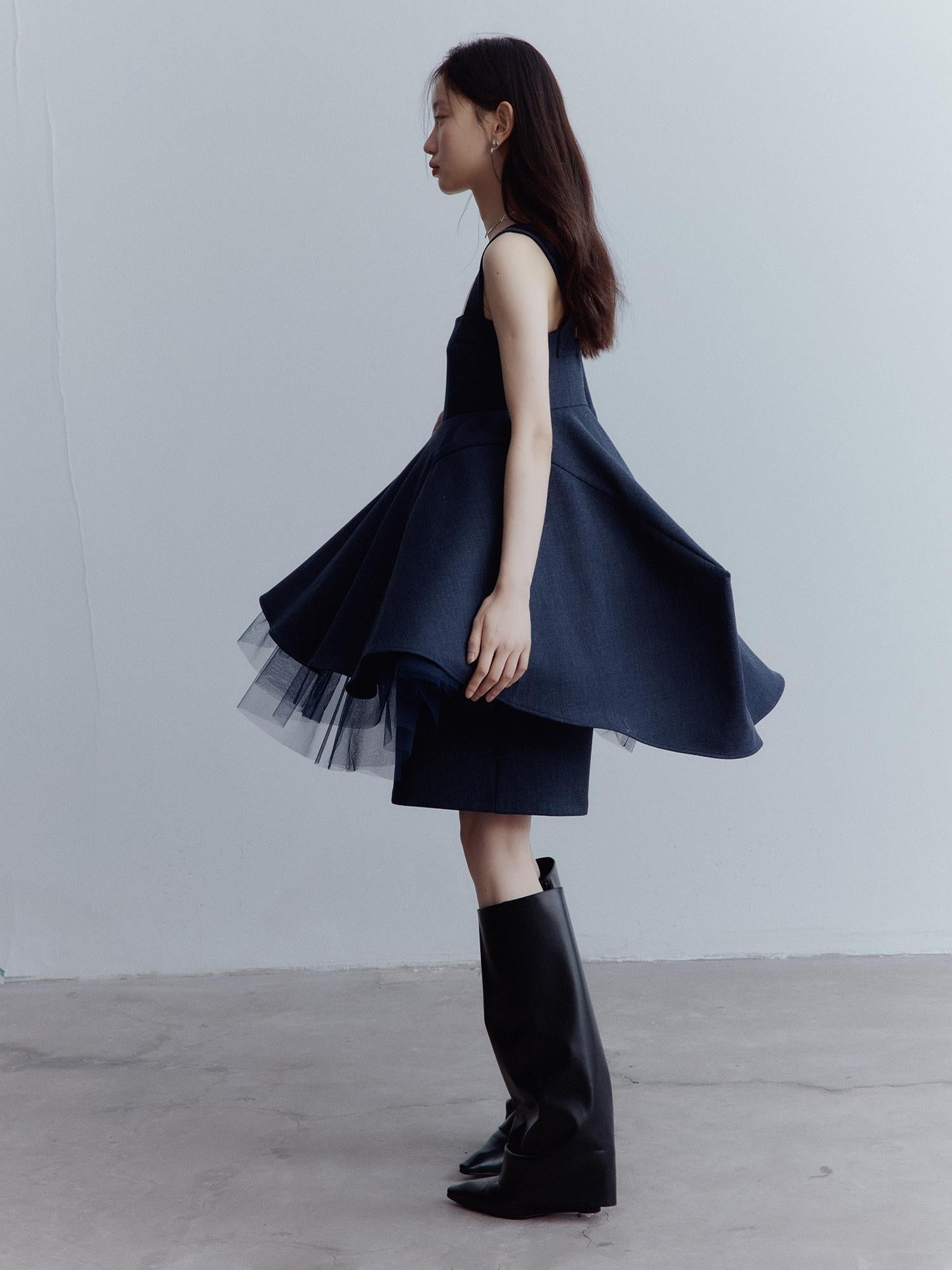 FUSSED Midnight Blue Manta Ray Deconstructed Layered Tulle Babydoll Dress