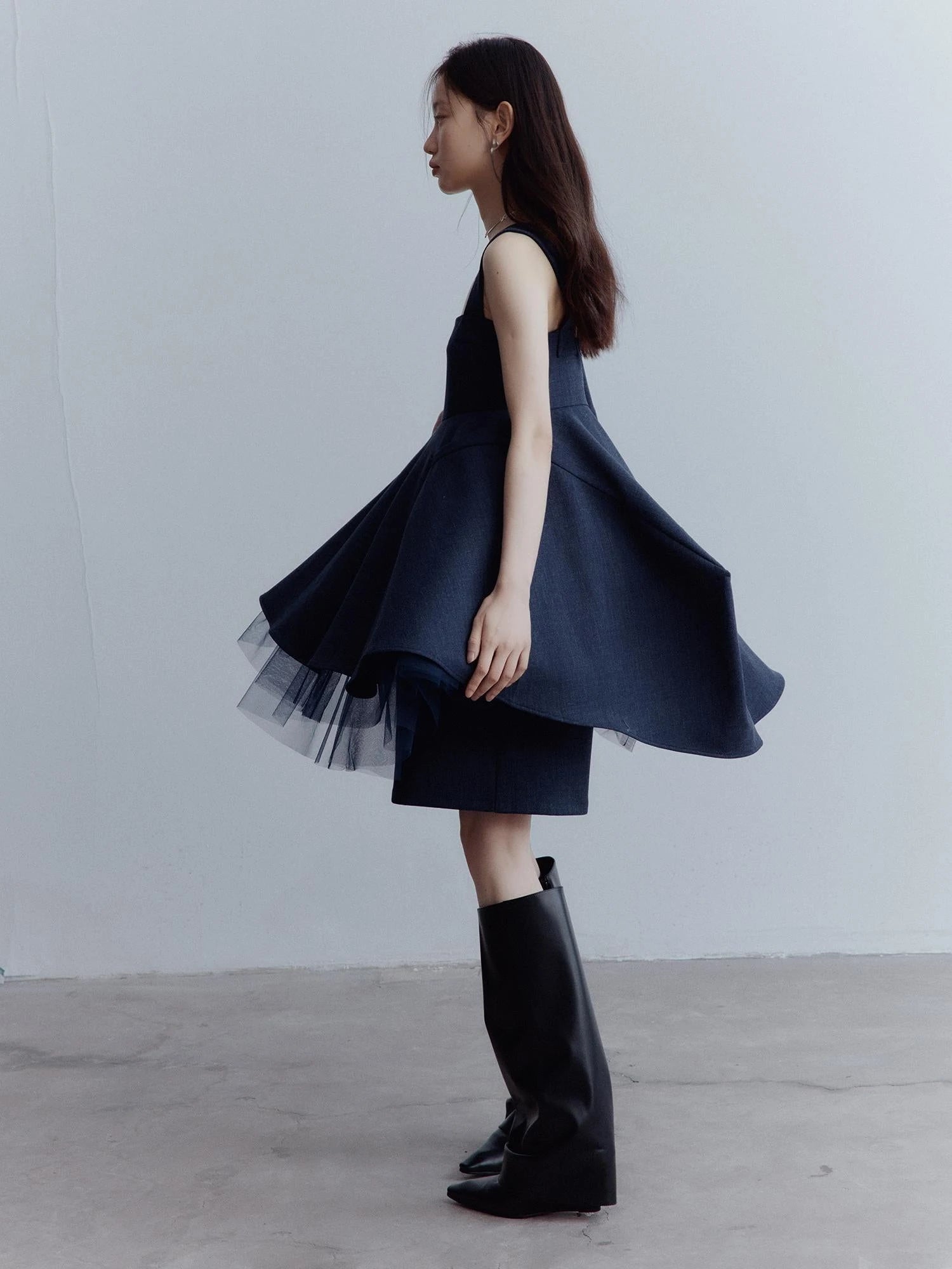 Midnight Blue Manta Ray Deconstructed Layered Tulle Babydoll Dress