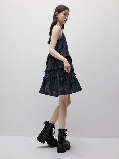 FUSSED Midnight Blue Plaid Asymmetric Ruffle Women&
