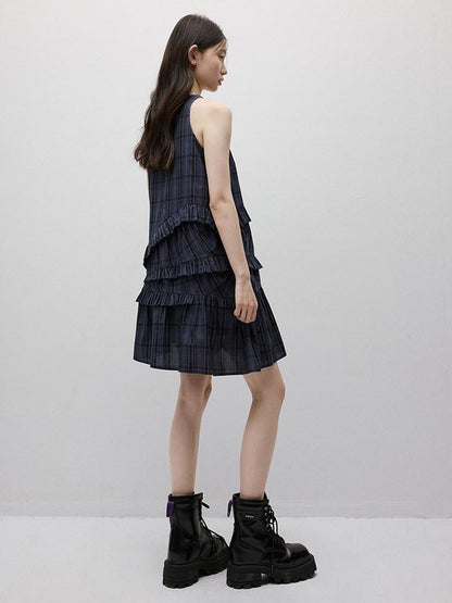 FUSSED Midnight Blue Plaid Asymmetric Ruffle Women&