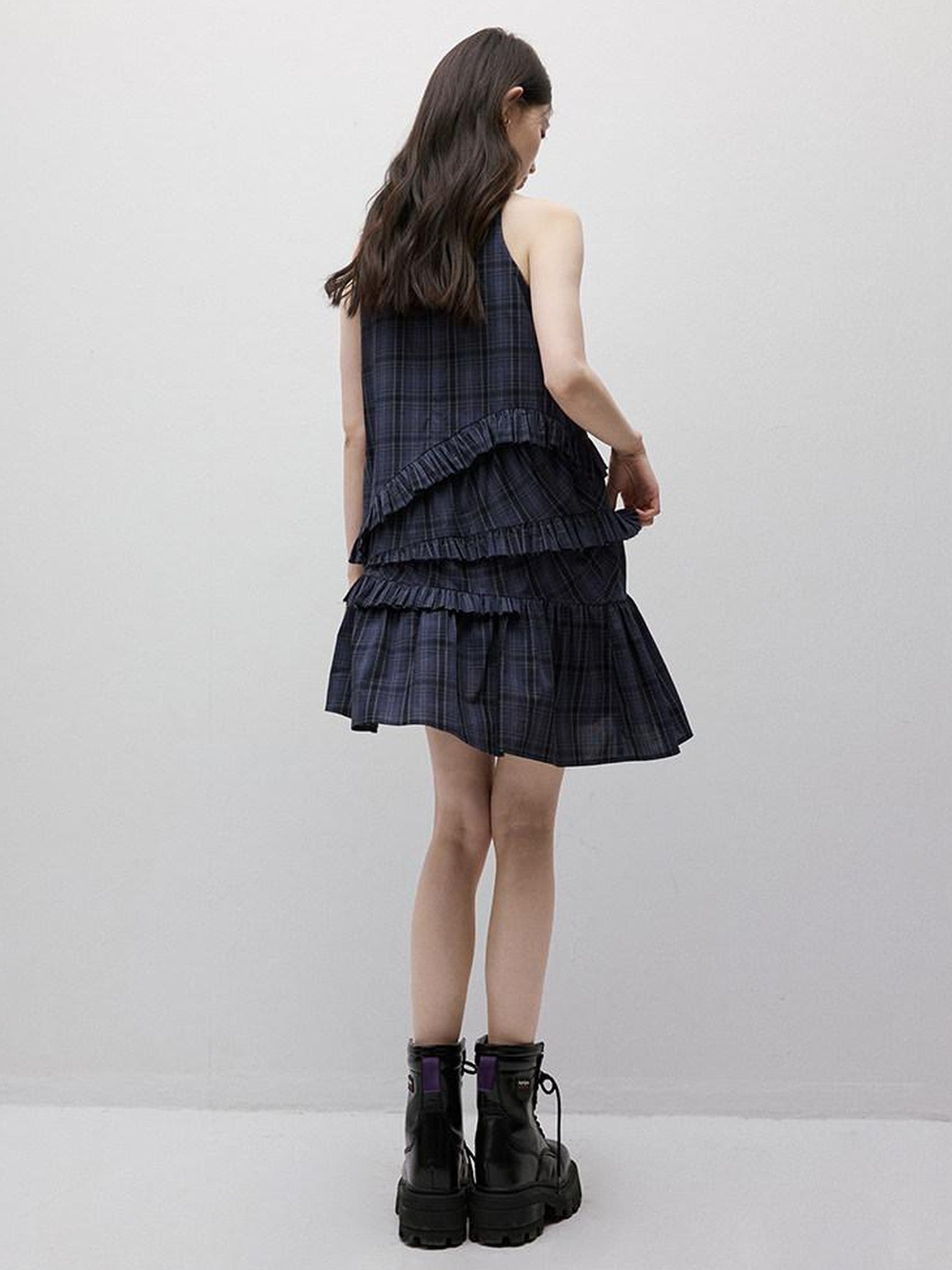 FUSSED Midnight Blue Plaid Asymmetric Ruffle Women&