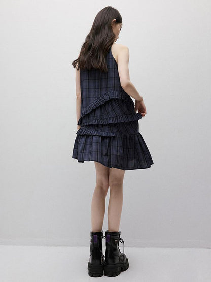 FUSSED Midnight Blue Plaid Asymmetric Ruffle Women&