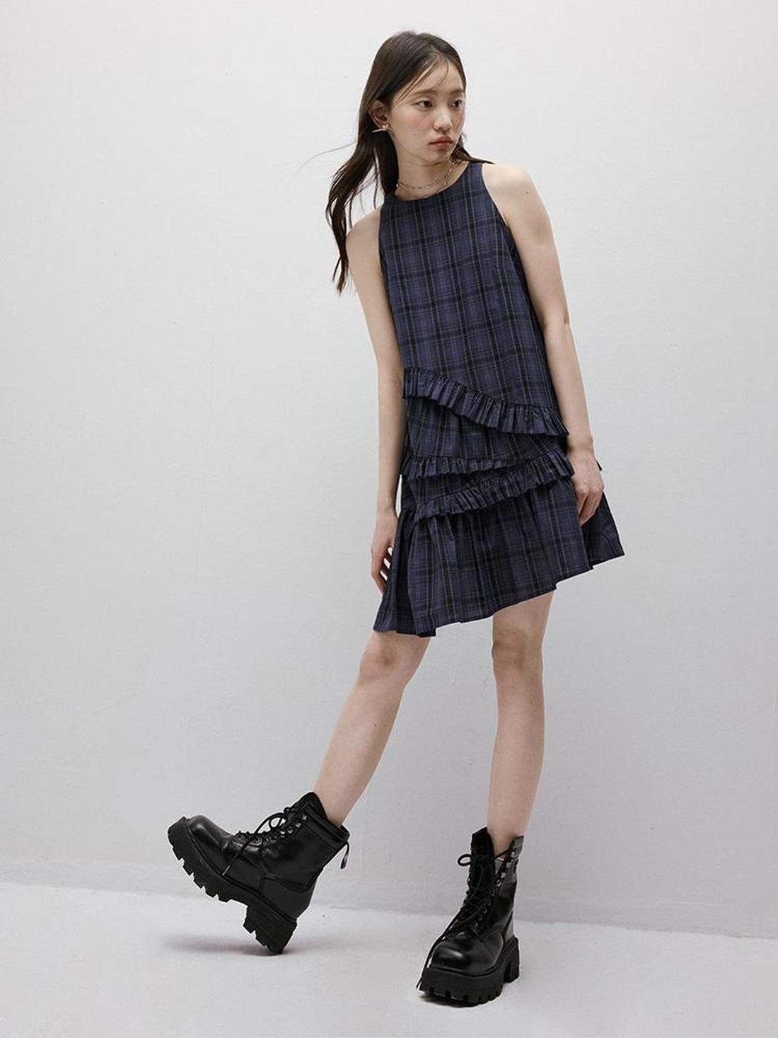 FUSSED Midnight Blue Tartan Asymmetrical Ruffle Hem Dress