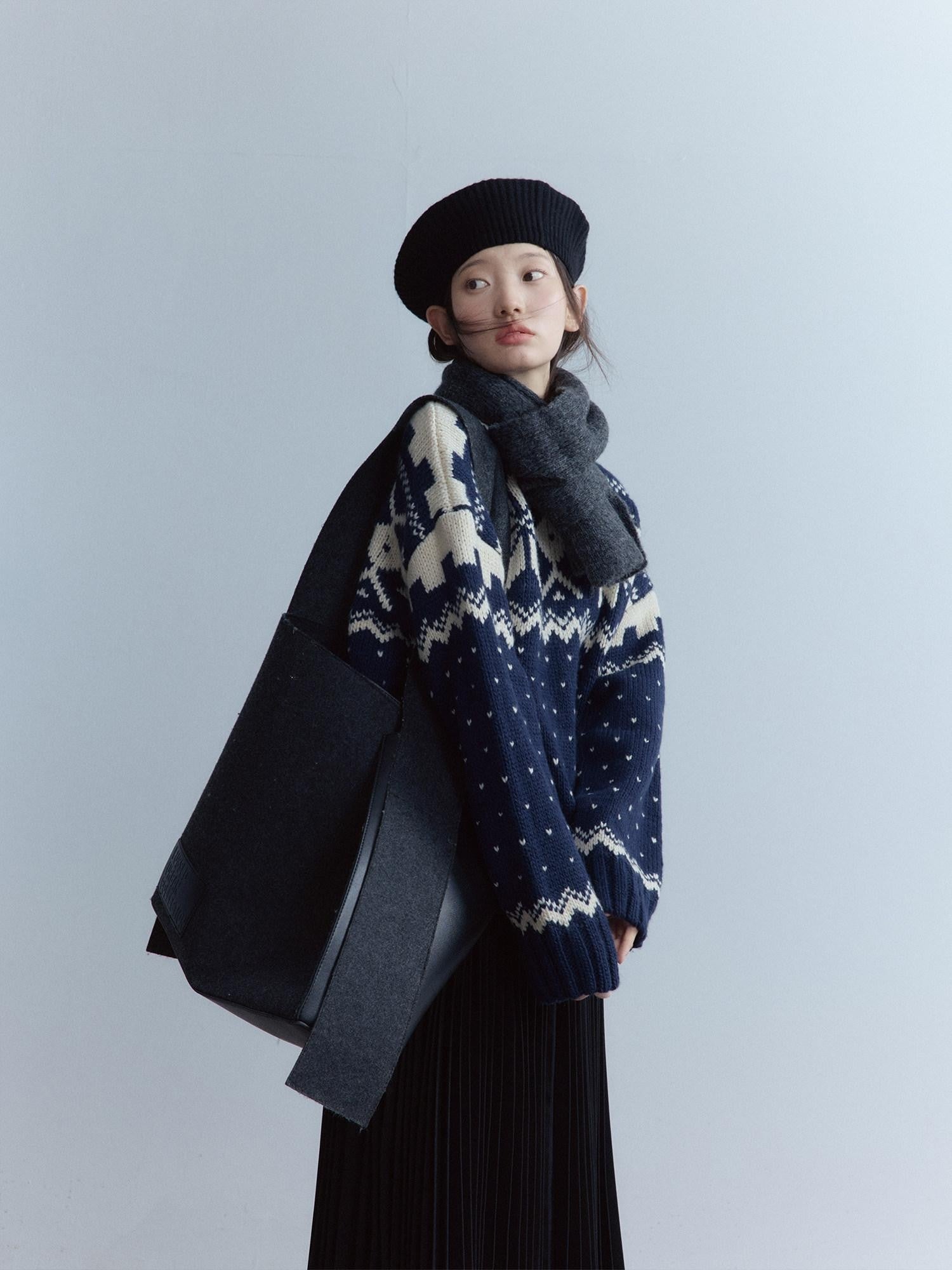 FUSSED Midnight Blue Vintage Fair Isle 3 Needle Rib Snow Elf Women&