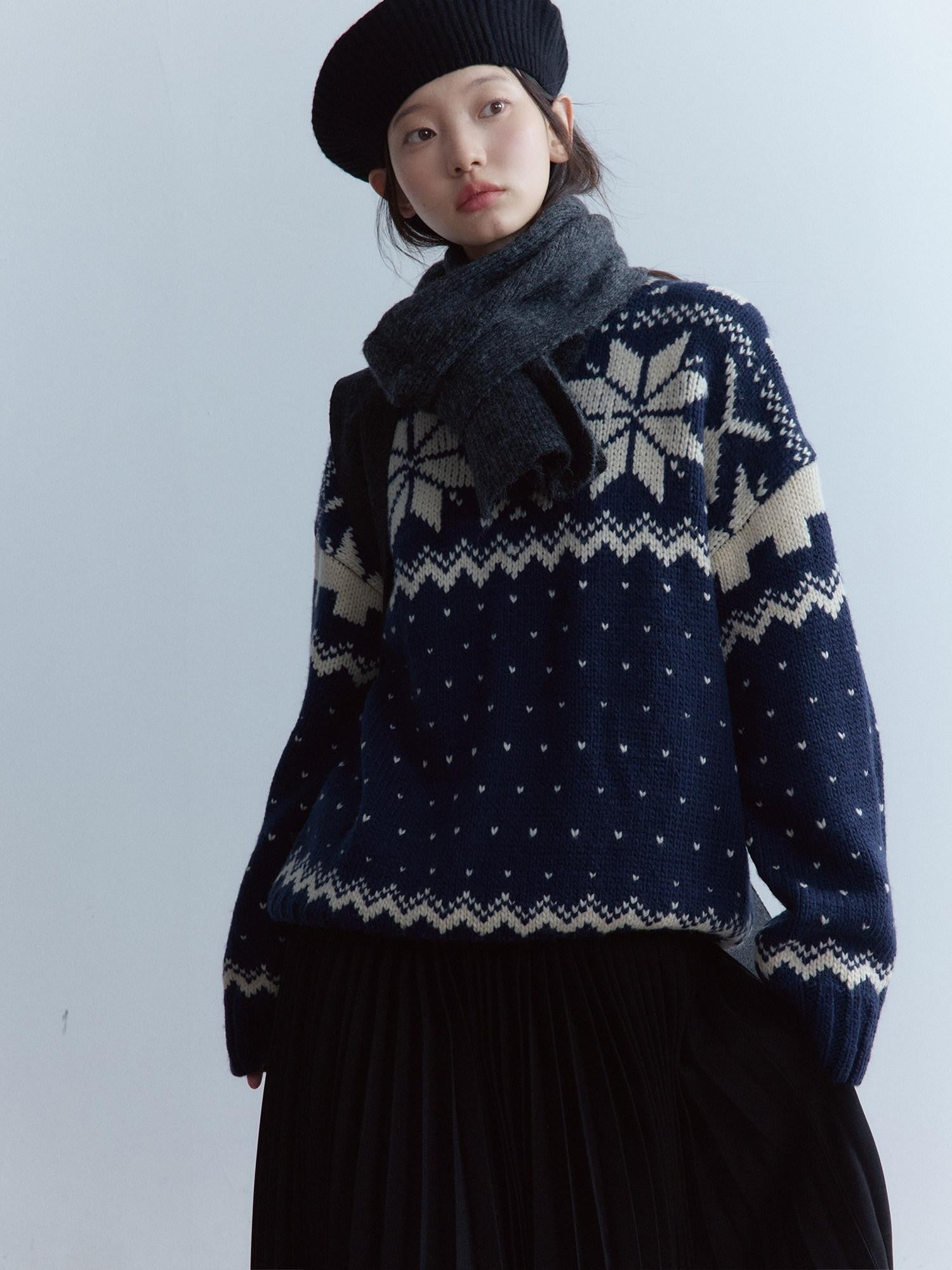 FUSSED Midnight Blue Vintage Fair Isle 3 Needle Rib Snow Elf Women&