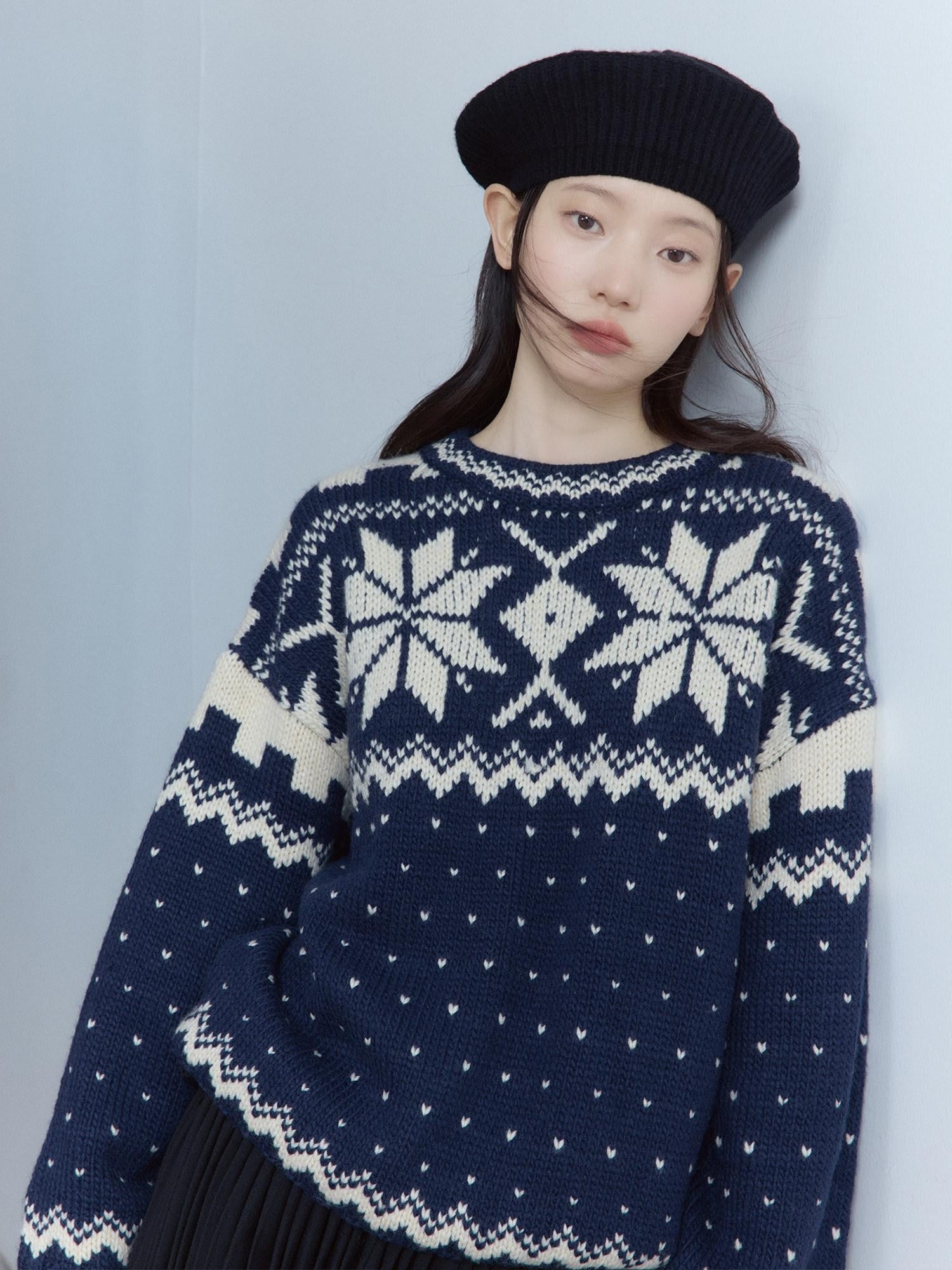FUSSED Midnight Blue Vintage Fair Isle 3 Needle Rib Snow Elf Women&