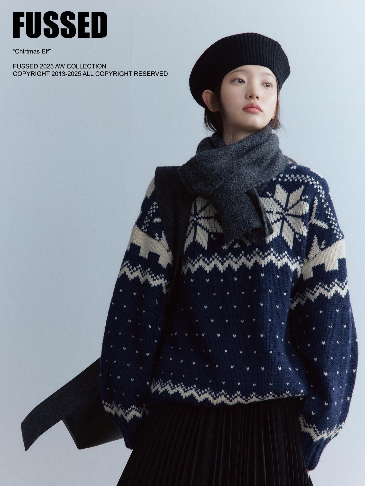 FUSSED Midnight Blue Vintage Fair Isle 3 Needle Rib Snow Elf Women&