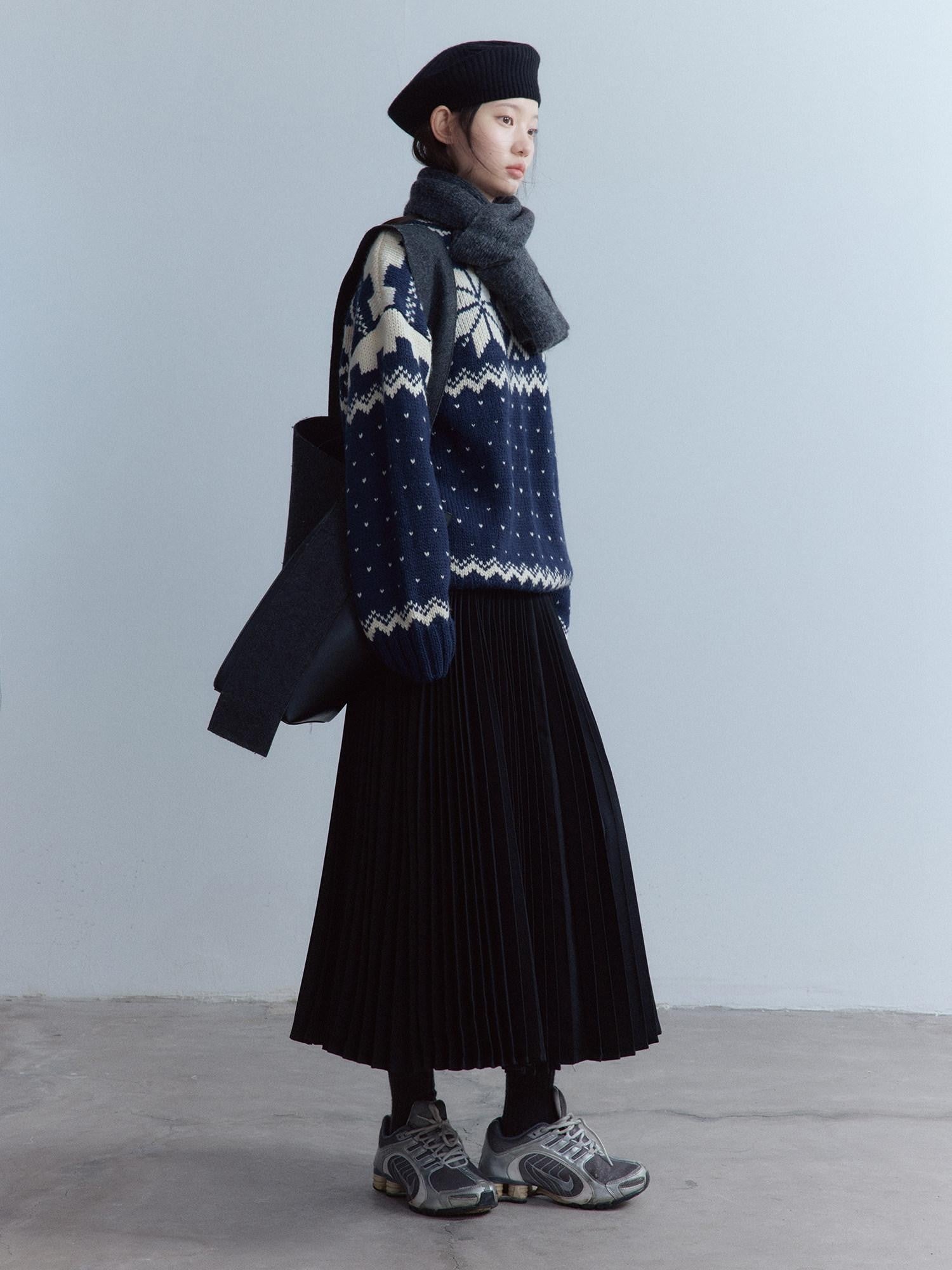 FUSSED Midnight Blue Vintage Fair Isle 3 Needle Rib Snow Elf Women&