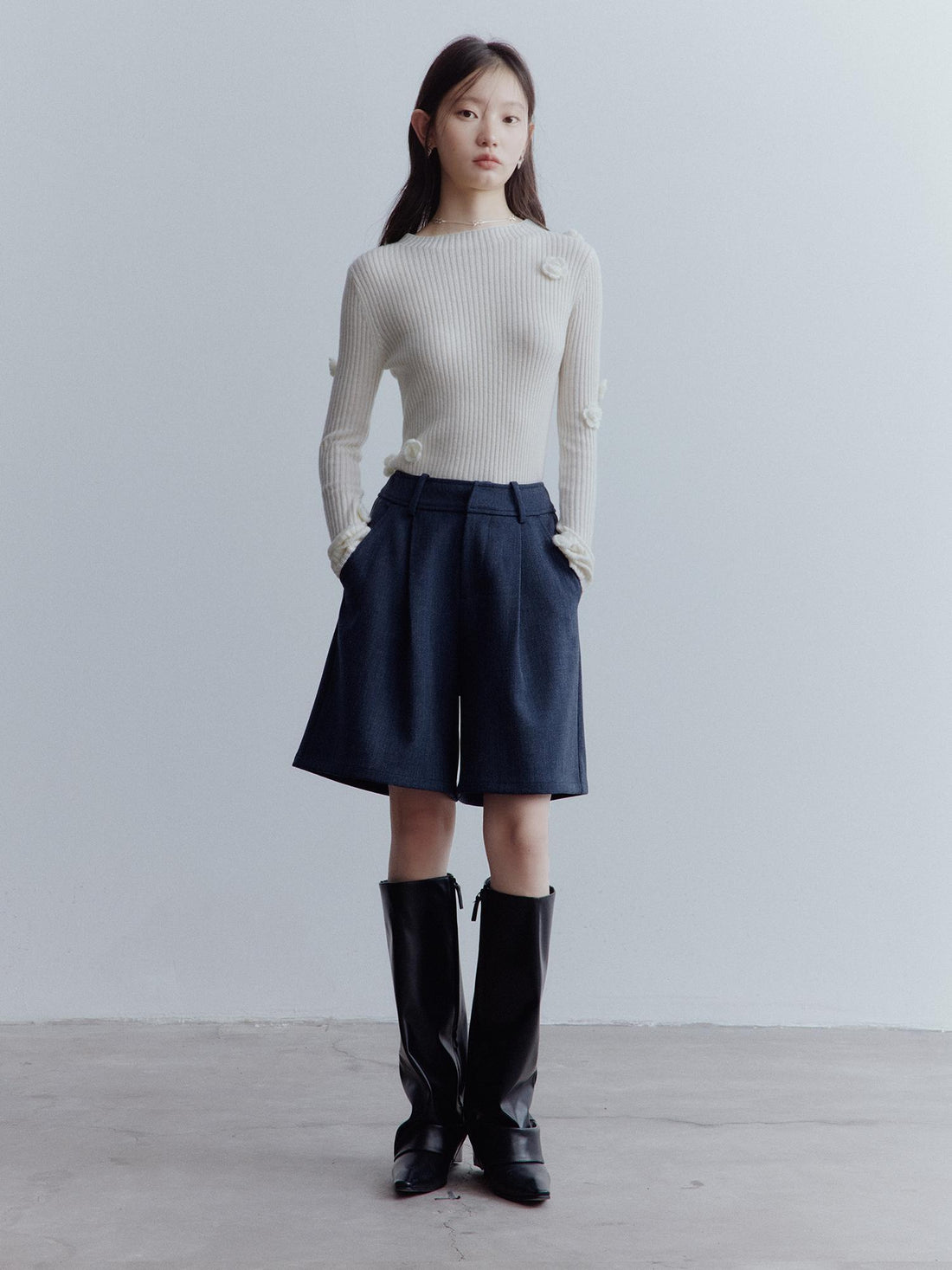 FUSSED Midnight Blue Wool Blend Wide Leg Shorts