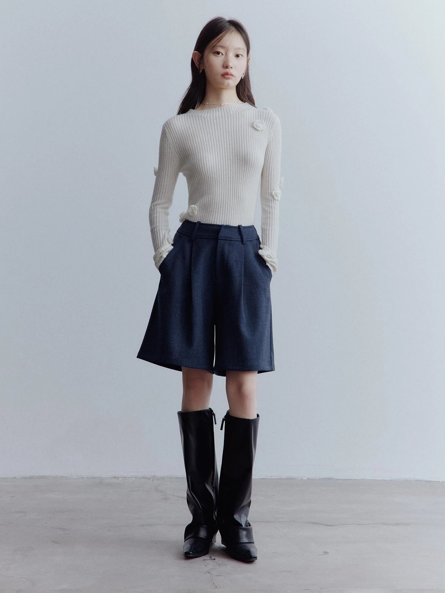 Midnight Blue Wool Blend Wide Leg Shorts