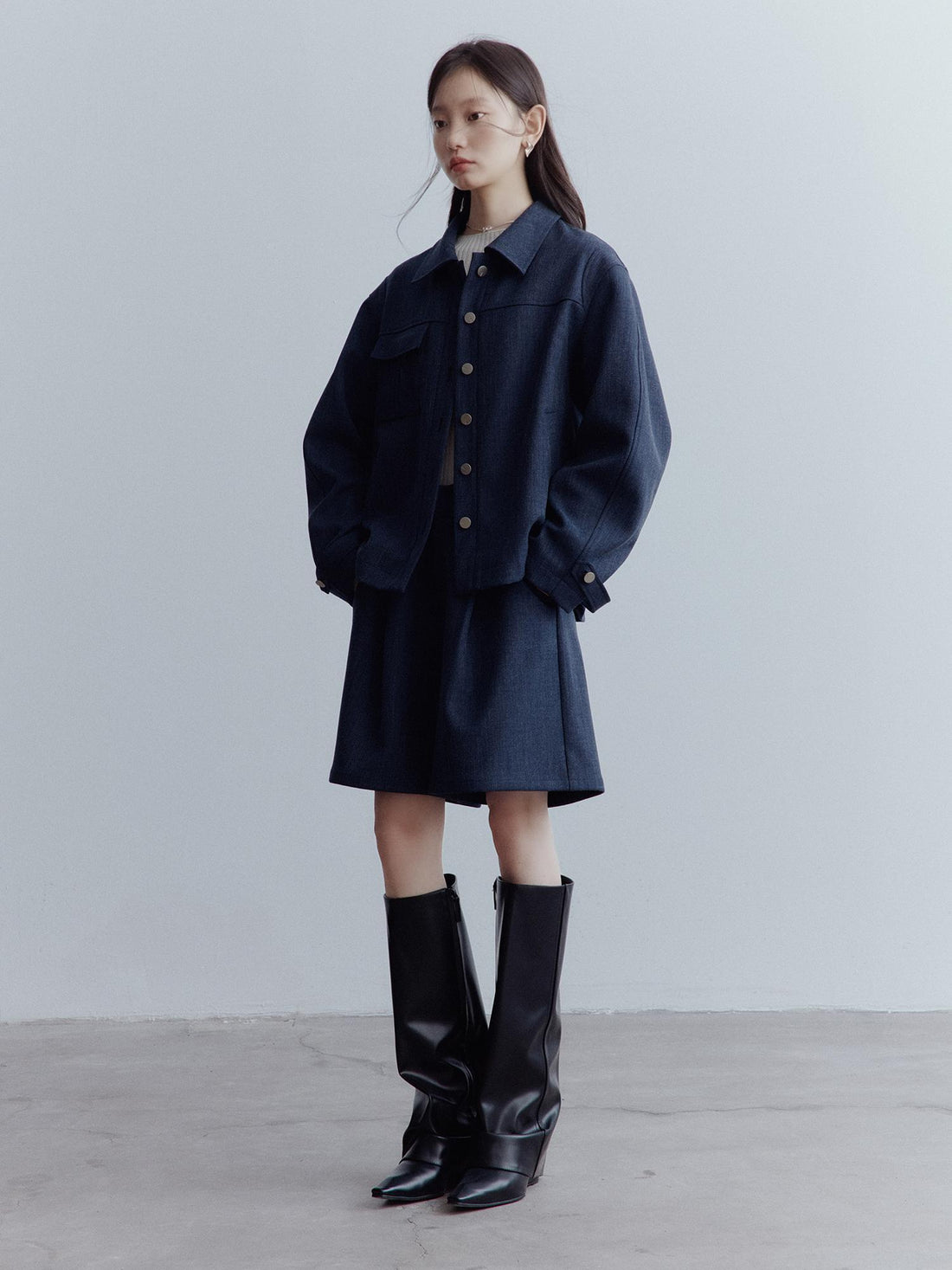 FUSSED Midnight Blue Wool Blend Wide Leg Shorts