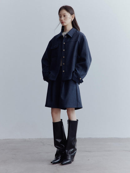 FUSSED Midnight Blue Wool Blend Wide Leg Shorts
