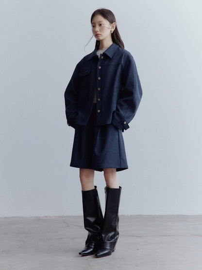 Midnight Blue Wool Blend Wide Leg Shorts