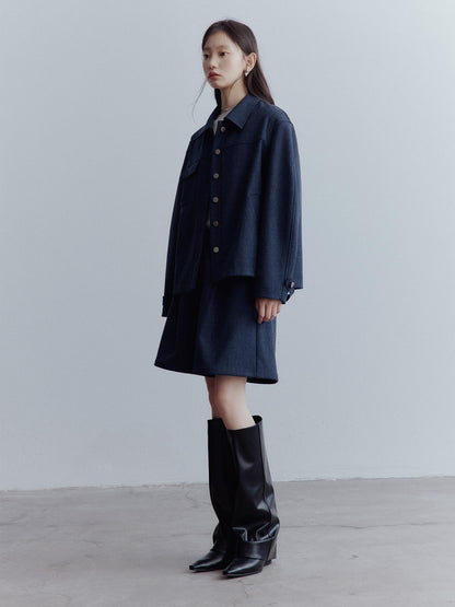 FUSSED Midnight Blue Wool Blend Wide Leg Shorts