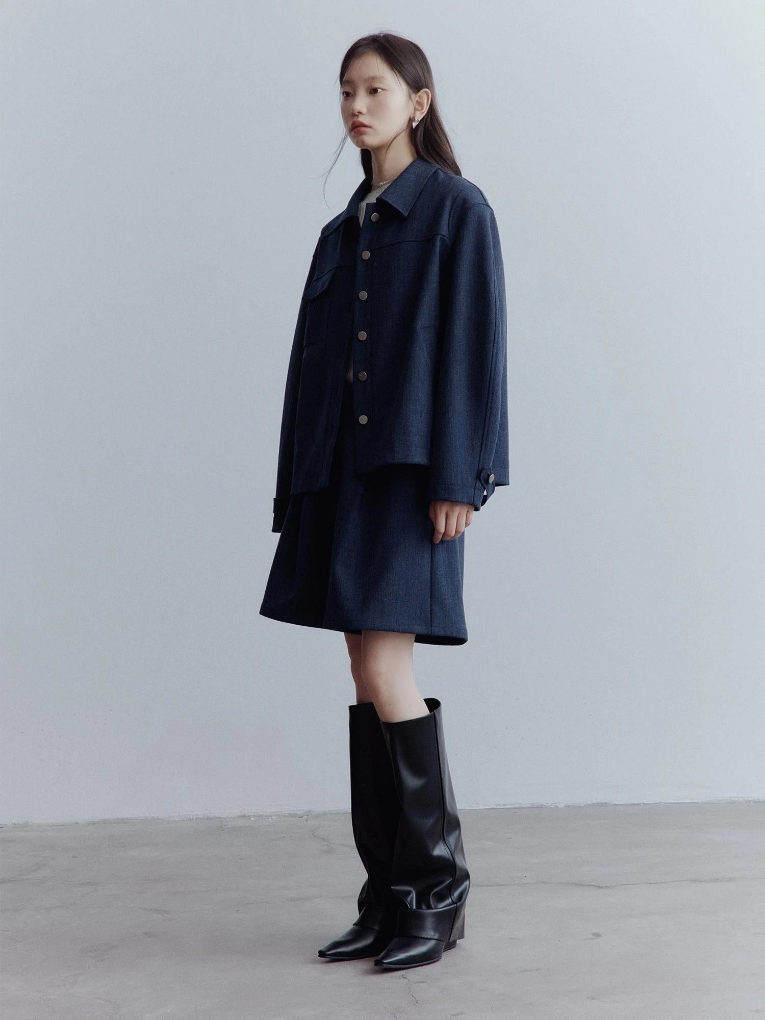 Midnight Blue Wool Blend Wide Leg Shorts