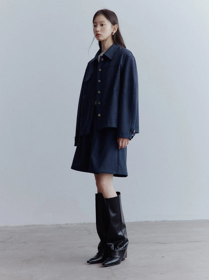 Midnight Blue Wool Blend Wide Leg Shorts